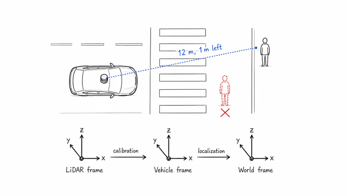 An autonomous car using roof-mounted LiDAR to detect a pedestrian at a nighttime intersection, with coordinate frames attached to the sensor, vehicle, and world map